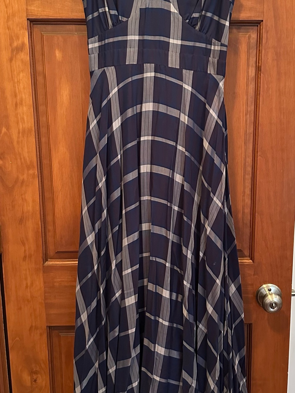 Anthropologie Elegant Navy and Gray Plaid Maxi Dress
